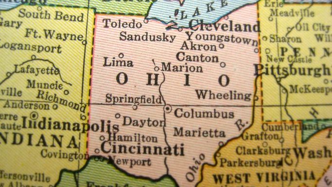 A map of Ohio shows a number of prominent cities in the state. 